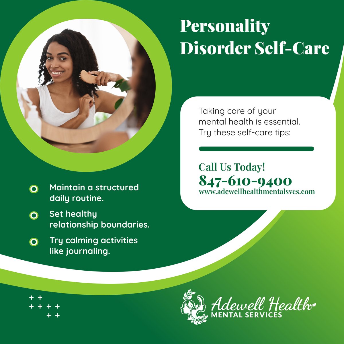Adewell_Health's tweet photo. Prioritizing self-care fosters emotional balance. Establish routines, set boundaries, and embrace calming activities. Book your appointments now: https://t.co/r70fN4Hxp7. 

#MentalHealthClinic #RollingMeadowsIL #ChicagoILUSA  #PersonalityDisorder #InnerPeace https://t.co/FVO0ZI6WL3