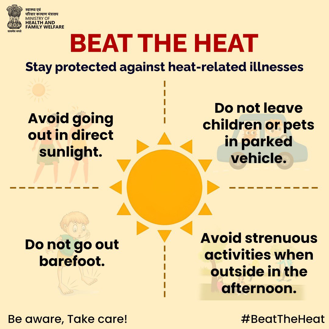 MoHFW_INDIA's tweet photo. #BeatTheHeat | Follow these precautions to beat the heat! 

Simple steps like staying indoors during peak afternoon hours and staying hydrated can help prevent heat-related illnesses. https://t.co/6yPvtMYS7k