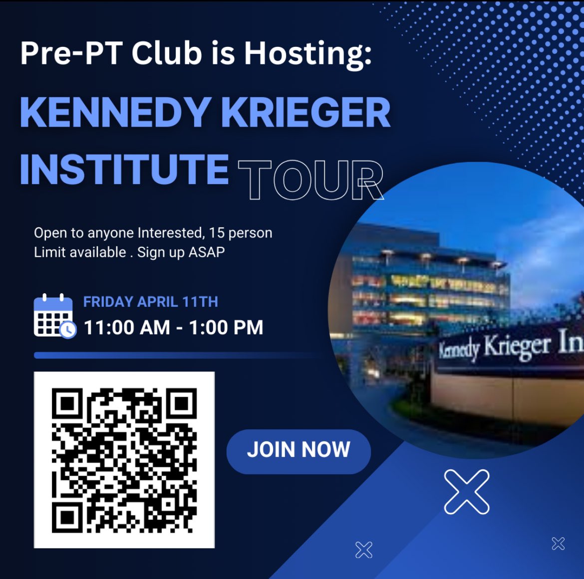tu_kinesiology's tweet image. Tour Kennedy Krieger with the Pre-PT Club!
April 11 | 11AM–1PM
Limited spots – scan the QR to sign up!
#PrePT #KennedyKrieger #FuturePT