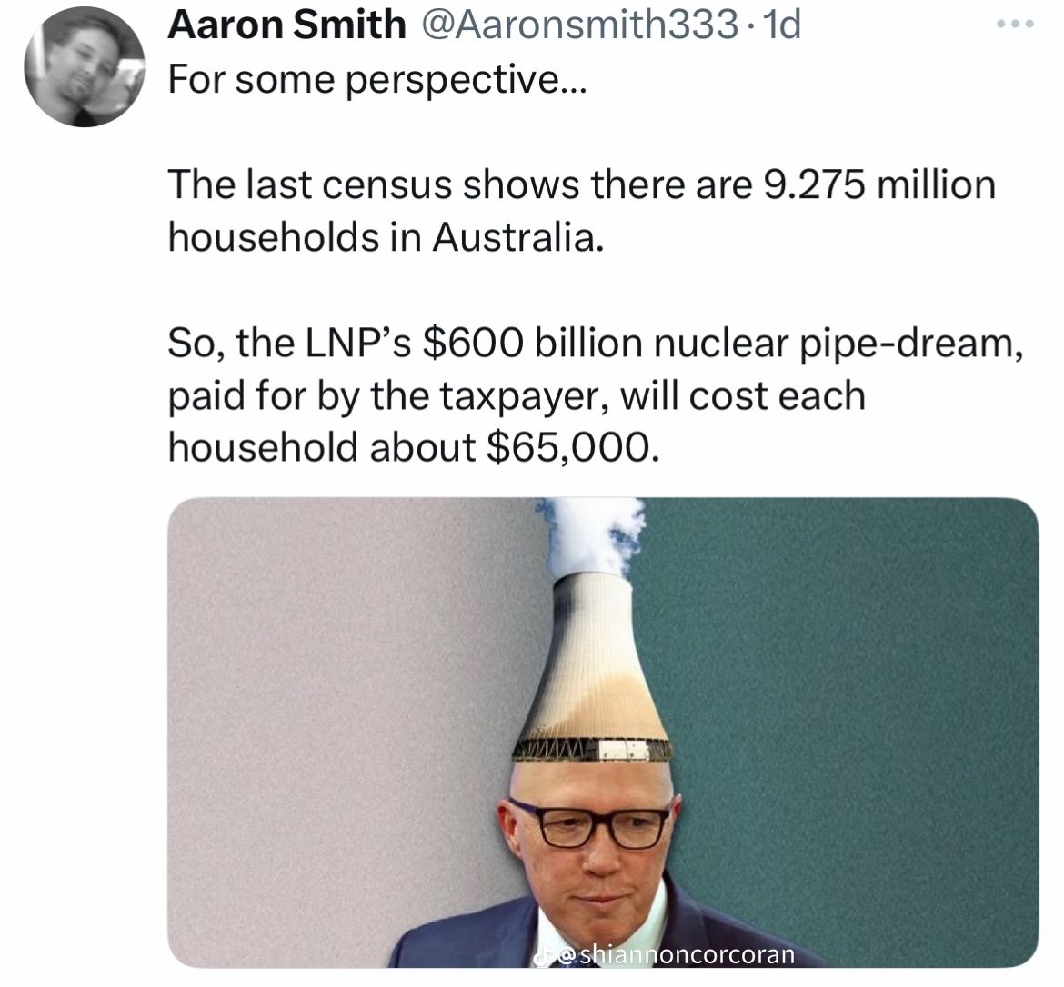 bigtesta's tweet photo. Duttons #NuclearFantasy will cost each household $65,000 and for the privilege your bills will increase as well. #DontTrustDutton https://t.co/eh8lIqCwQf