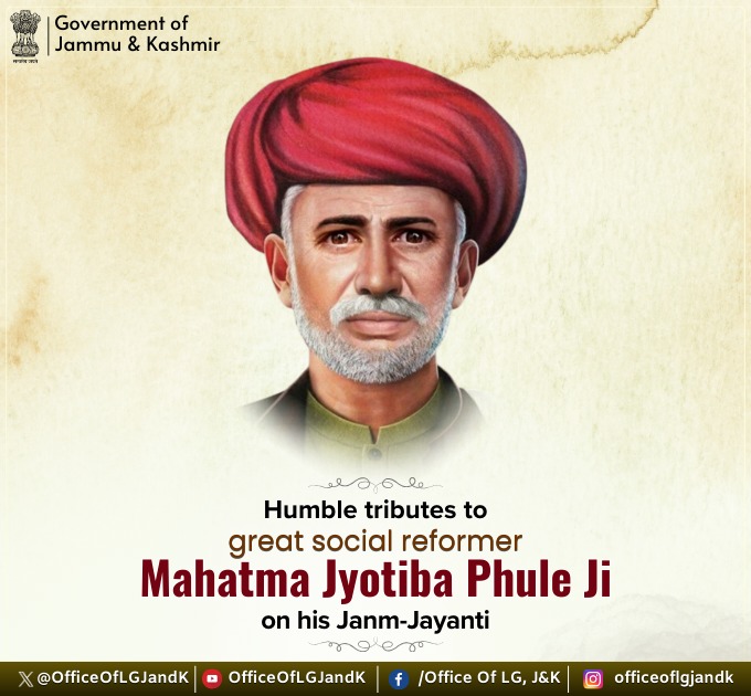 Office of LG J&K (@officeoflgjandk) on Twitter photo Humble tributes to the great thinker, educationist and social reformer Mahatma Jyotiba Phule ji on his Janm Jayanti. He dedicated his life to social justice, women’s empowerment and upliftment of the marginalized. His teachings and ideals continue to inspire generations. Humble tributes to the great thinker, educationist and social reformer Mahatma Jyotiba Phule ji on his Janm Jayanti. He dedicated his life to social justice, women’s empowerment and upliftment of the marginalized. His teachings and ideals continue to inspire generations.