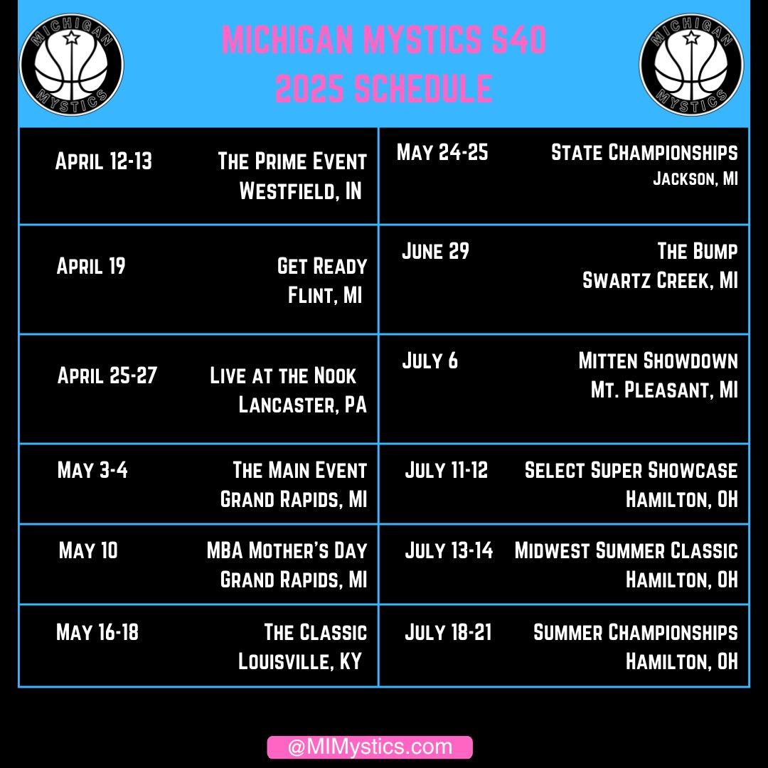 Michigan Mystics 2027 S40 (@2027mystics) on Twitter photo Michigan Mystics 2027 S40 is ready to go this season. Here is our Spring/Summer schedule
<a href="/MImystics/">Michigan Mystics</a>
<a href="/SelectEventsBB/">Select Events Basketball</a> Michigan Mystics 2027 S40 is ready to go this season. Here is our Spring/Summer schedule
<a href="/MImystics/">Michigan Mystics</a>
<a href="/SelectEventsBB/">Select Events Basketball</a>