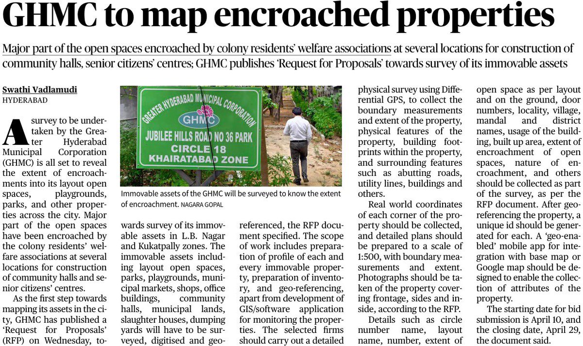 Deccan_Daily's tweet photo. 🚨Hyderabad cracks down! GHMC launches survey to identify encroached properties, focusing on open spaces misused by welfare groups for community halls & senior centers. RFP released for comprehensive asset mapping. 📍 #HyderabadGHMC #EndEncroachment https://t.co/Idahh1maG7