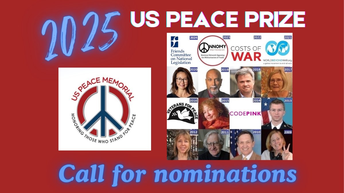 USPeaceMemorial's tweet photo. Nominations for the 2025 US Peace Prize will close soon on April 30. Go to https://t.co/4cOvJkSxHb to nominate an outstanding American #antiwar leader. We recognize these courageous people and organizations working tirelessly to end #war and #militarism by working for #peace. https://t.co/S7K1FCu39f