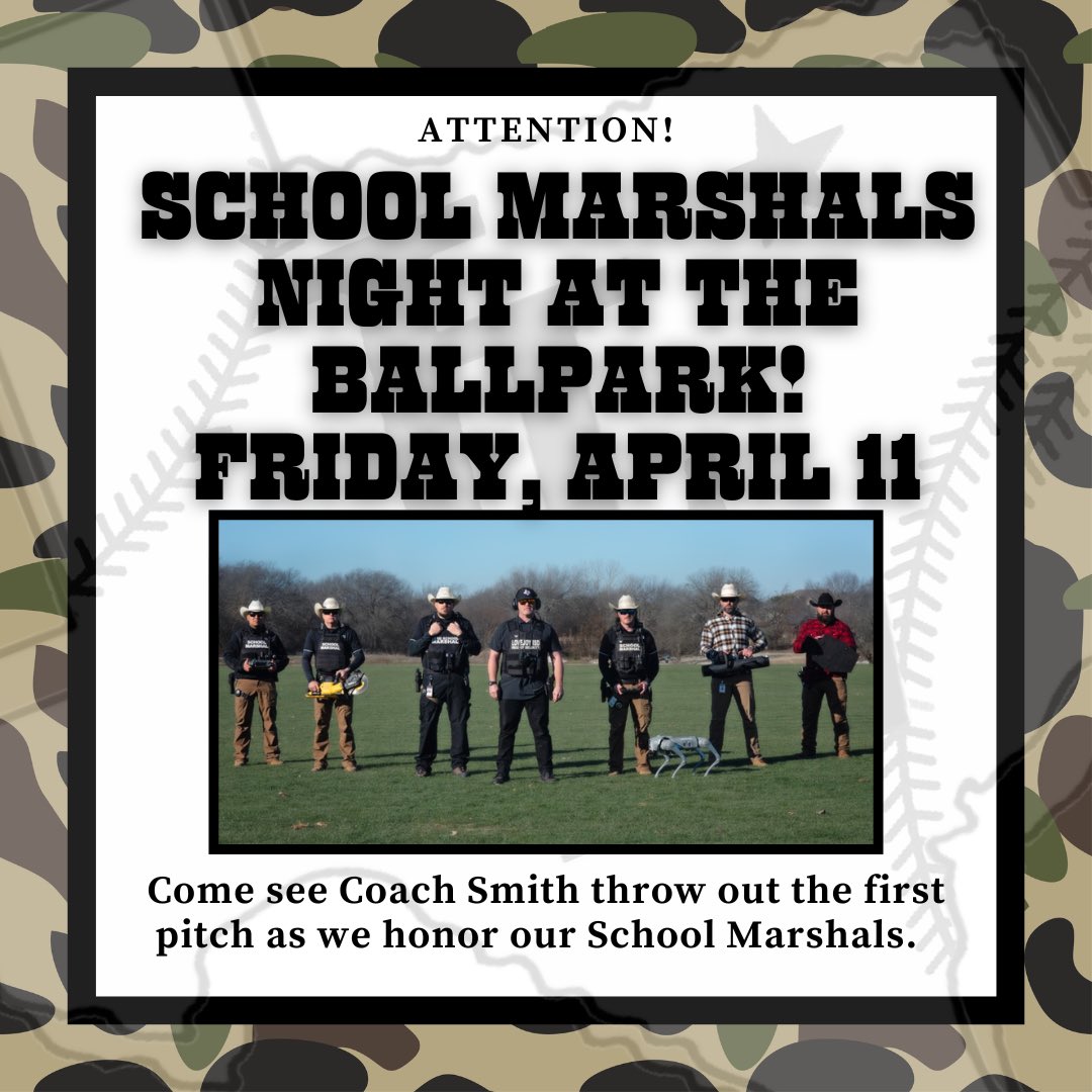 LLDiamondClub's tweet photo. Want more Leopard Baseball?!? Game 2 tomorrow (Friday) back at Home!!! Itโs School Marshals night and Coach Smith will throw out the first pitch. Letโs hear it Leopard Fans!!! #CamoNight #SchoolMarshalNight https://t.co/VIovu9yuaD