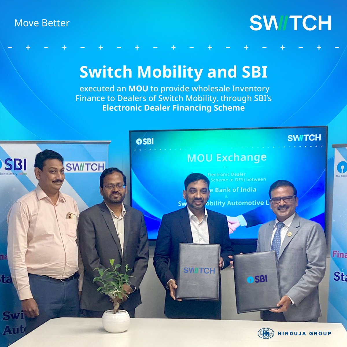 We’re excited to announce the signing of an MoU between Switch Mobility and State Bank of India (SBI) to provide Wholesale Inventory Finance to our dealer partners.

Through SBI’s Electronic Dealer Financing Scheme (e-DFS), this collaboration will ensure seamless, faster, and