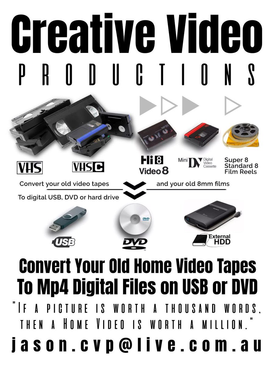 ▶️ Preserve your precious memories before they fade!
We convert your family home video tapes to MP4 digital files on USB, DVD, or hard drive. A great gift idea! 🎁 (Consider sharing).

Email: jason.cvp@live.com.au or Direct Message for more!