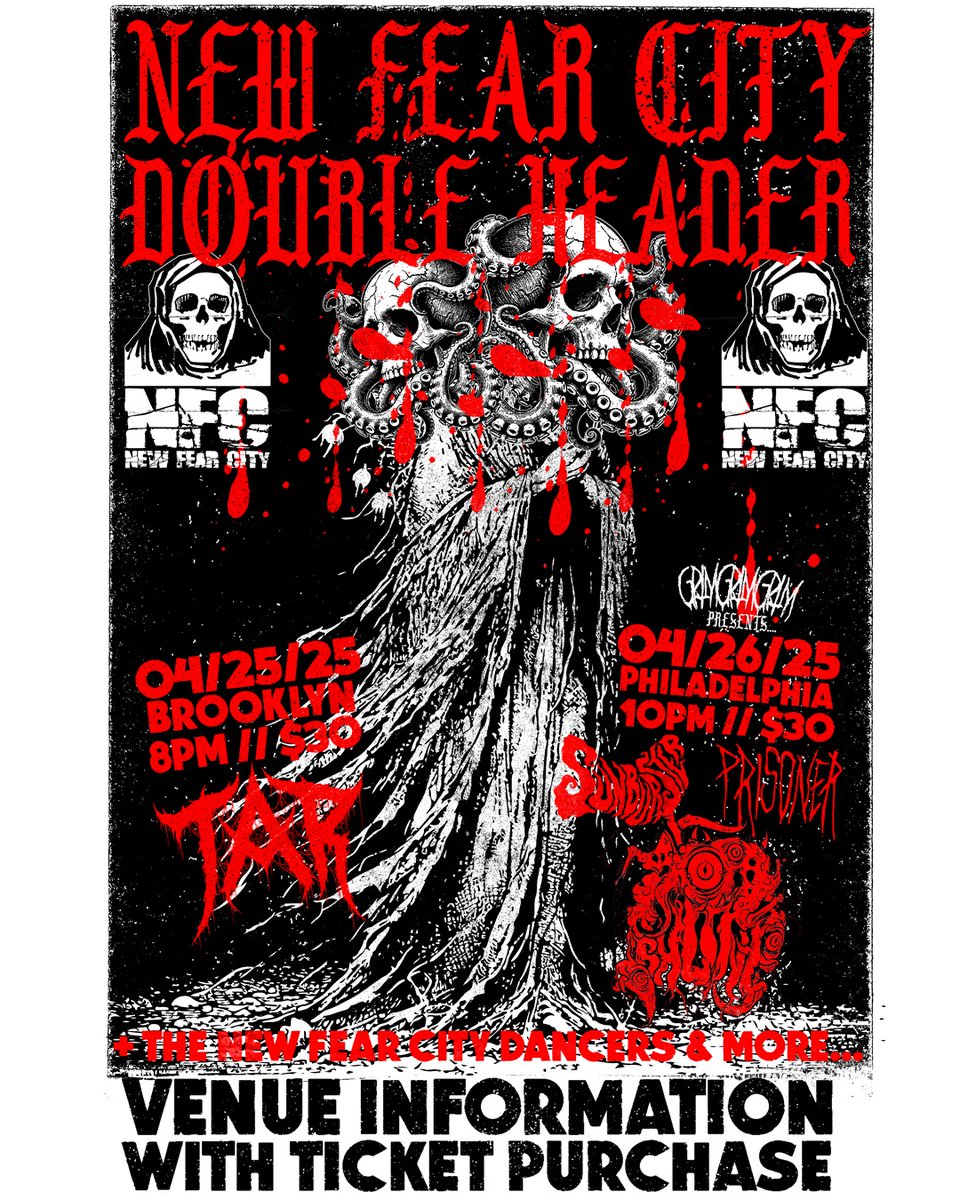 4/25 &amp; 4/26

New Fear City presents DOUBLE HEADER

Can't make Vegas for #MURDERMANIA?

4/25 Brooklyn. Live music by TAR

4/26 Philly. Live music by Sunburster, Prisoner &amp; Shunt

More ASAP

Brooklyn 🎟️ c6live.com/products/new-f…

Philly 🎟️ c6live.com/products/new-f…

#NFCDOUBLEHEADER