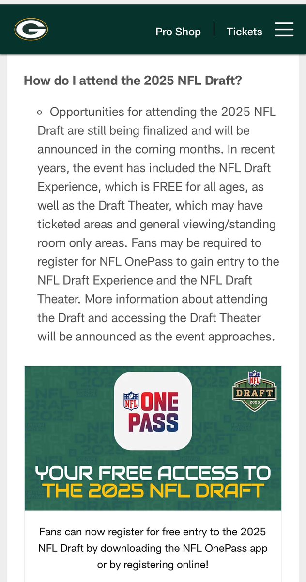 WIBackpacker's tweet photo. When will the website be updated?  Thought by now that the Packers would clarify information about the draft.  It’s 2 weeks out &amp; locals/season tix holders don’t know

#NFLDraft2025 #GreenBayPackers #LambeauField #NFL #GreenBay #Wisconsin #NFLOnePass @packers @LambeauField @NFL https://t.co/h4lJYEBDBM
