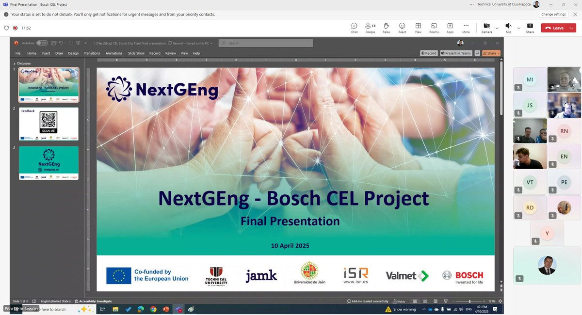 NextgengProject's tweet photo. 🎉 Today, April 10, 2025, the final #CELProject presentation for the Bosch Cluj Plant challenge took place online via MS Teams! 💻🌍
International student teams from TUCN, UJA, and JAMK impressed with innovative solutions as part of #NextGEng.
👏 Great job, everyone! https://t.co/fAVqOgWKbs
