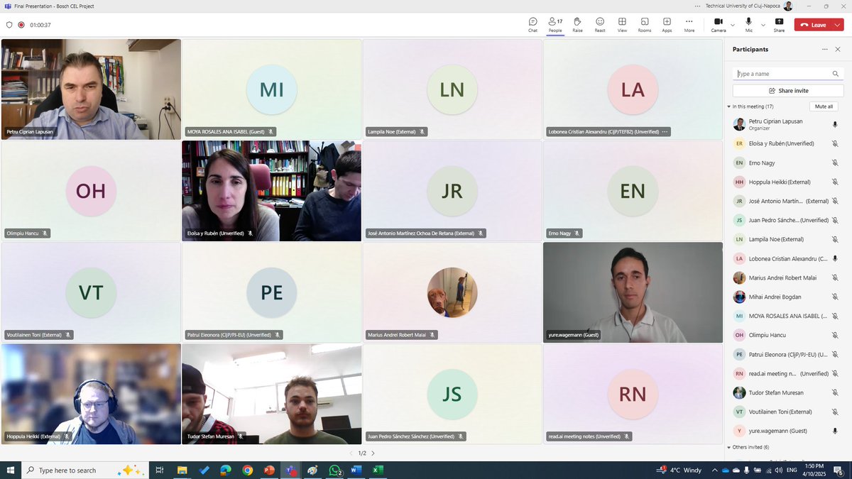 NextgengProject's tweet photo. 🎉 Today, April 10, 2025, the final #CELProject presentation for the Bosch Cluj Plant challenge took place online via MS Teams! 💻🌍
International student teams from TUCN, UJA, and JAMK impressed with innovative solutions as part of #NextGEng.
👏 Great job, everyone! https://t.co/fAVqOgWKbs