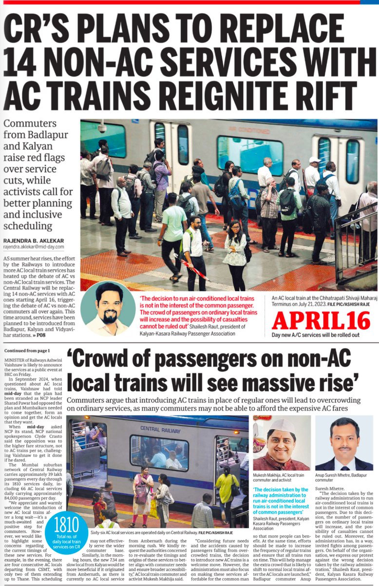 rajtoday's tweet photo. Fare unfair! As Railway Minister Ashwini Vaishnaw today announces introduction of more AC EMU local train services REPLACING regular non-AC EMU ones on Central Railway Mumbai, he reignites the debate that triggers a rift between commuters. https://t.co/YrIwBHBGjm