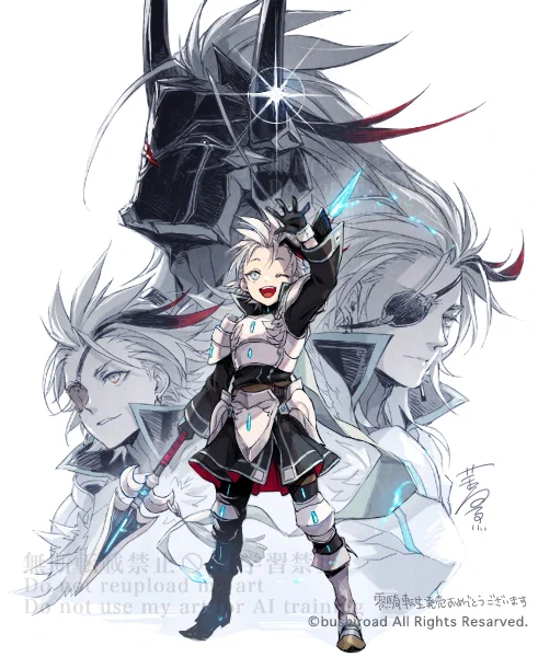 ライドライン『憂いの烈光 ユース』『迅槍の従騎士 ユース』『穢れ知らぬ双眸 ユース』も再び描かせていただいております(うれしい)&発売おめでとうらくがき添えです。どうぞよろしくお願いいたします #ヴァンガード #cf_vanguard 