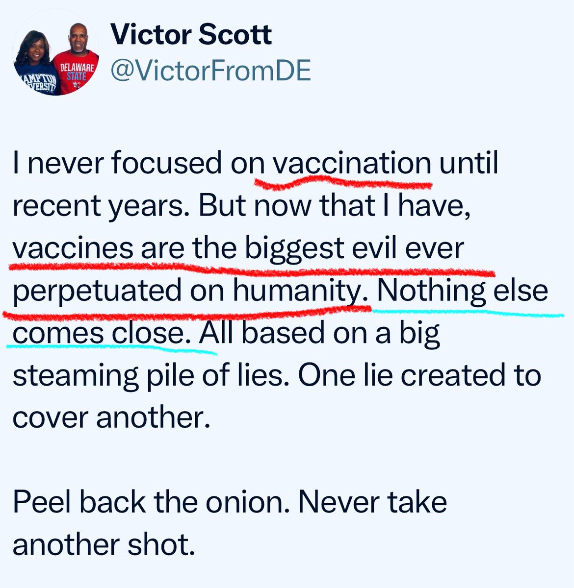stopvaccinating's tweet photo. This is accurate. And I’ll tell you why:

Vaccines do not confer immunity / do not work. They NEVER worked, and the vax industry knows this.

What vaccines do / and are INTENDED to do / is destroy LIFE POTENTIAL for incoming souls.

And THAT is EVIL. Pure evil. https://t.co/jKHsyBrjQi