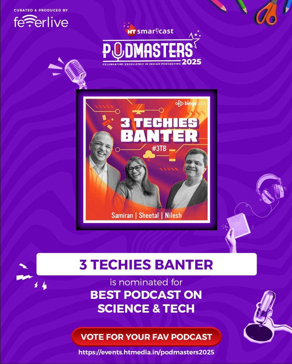🚨 Shameless Plug Alert 🚨

The #3TB #podcast is up for an award! 🏆. Yes, having a friendly chat with friends about tech every week does count as an awarding-worthy talent.

events.htmedia.in/podmasters2025

Vote now. Make us mildly famous. Help us avoid real jobs 😂 😇 😉 🫠 😜.