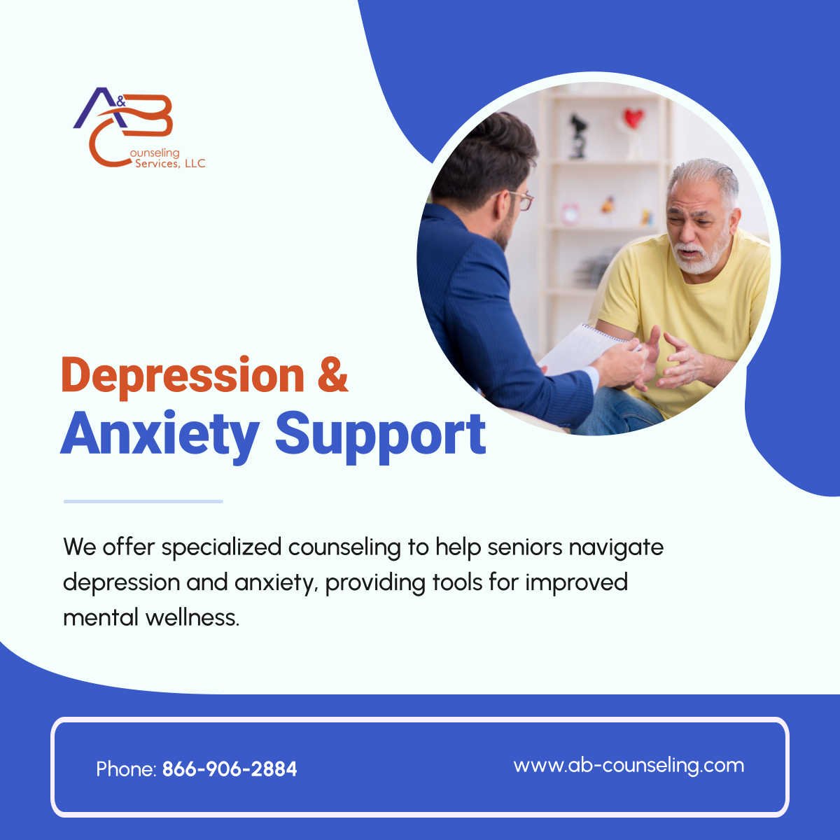aandbcsvcs's tweet photo. Mental health matters at every age. Get the support you need to manage anxiety and depression with our counseling services. Contact us today! 

#CounselingForSeniors #FortLauderdaleFL #MentalWellness https://t.co/WKlqEvxQnB