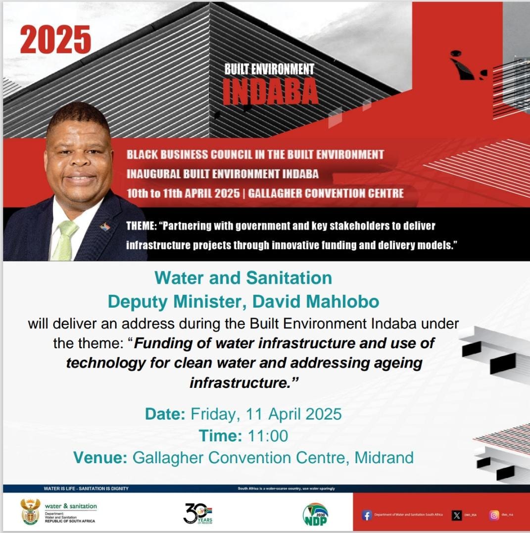 [HAPPENING TODAY 📢] Deputy Minister <a href="/David_Mahlobo1/">David Mahlobo</a> will deliver an address during the Built Environment Indaba currently underway at the Gallagher Convention Centre in Midrand. The Indaba is being hosted by the Black Business Council in the Built Environment (<a href="/BBCBE_SA/">BBCBE</a>).