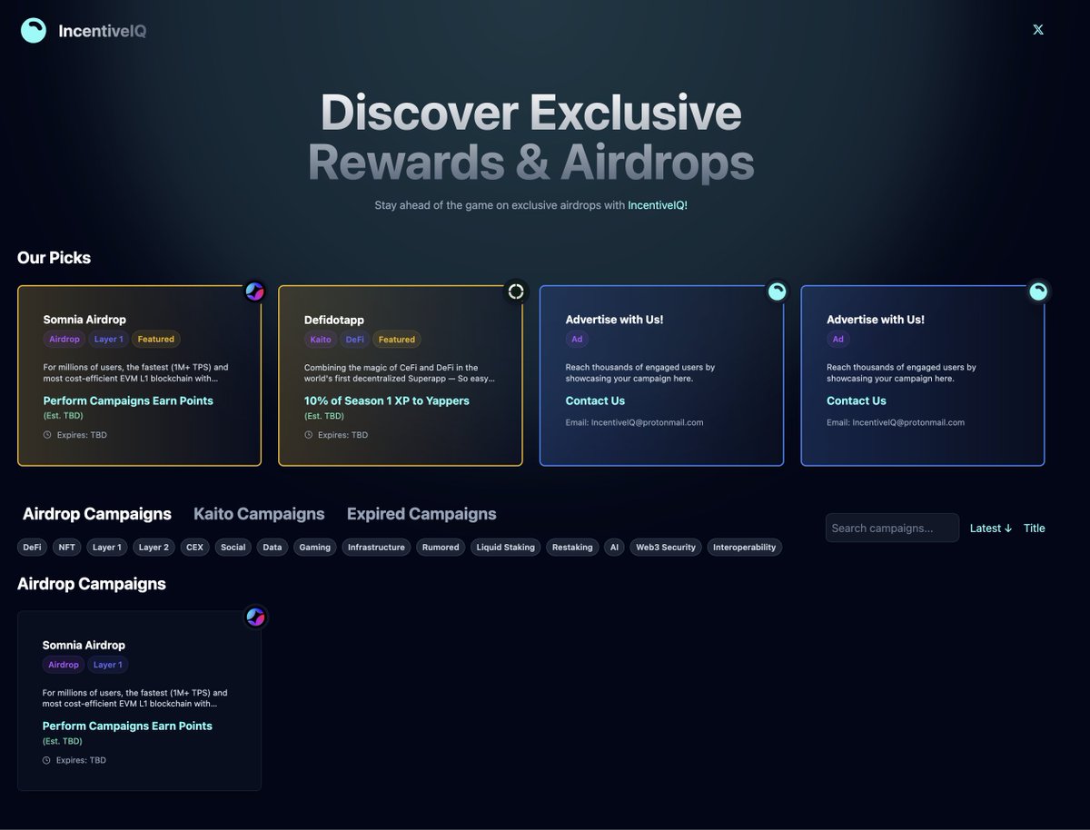 itskkoma's tweet photo. Some big updates on @IncentiveIQ!!!!

We added Airdrop Campaigns!  Now you can toggle between airdrop and kaito campaigns to view potential airdrops you can farm!

I will slowly add more and more projects but wanted to highlight @Somnia_Network today.  Specifically, I added all the quests that are currently on-going at the moment.

Next airdrop project will be added in 24 hours ⏰

I always wished something like this existed for me so I hope you find this useful as well. 🙏

Check it out here: https://t.co/GMBHZ0xjDE

If any projects want to work with us and get your project highlighted please feel free to reach out 🫶