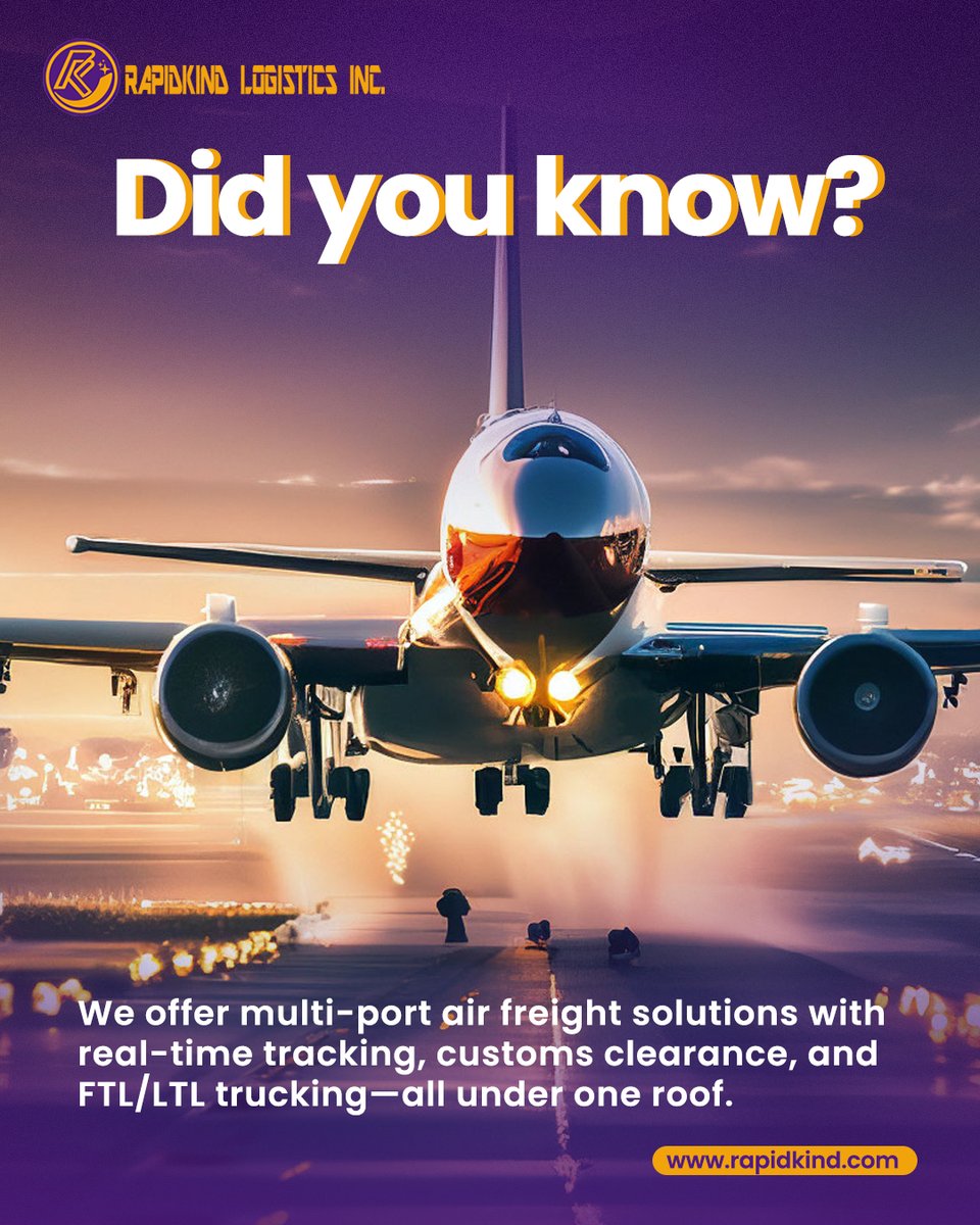 RapidKind's tweet photo. Did you know?
We offer multi-port air freight solutions with:
✈️ Real-time tracking
📦 Customs clearance
🚛 FTL/LTL trucking – all under one roof!

Streamline your shipping today!
👉 Visit us at https://t.co/LDymoSvYoi

#AirFreight #ShippingSolutions #Logistics #FreightServices https://t.co/SEAHudySTZ