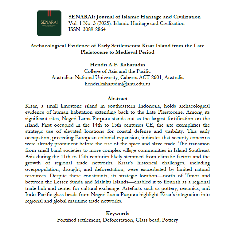 PENCATUTAN NAMA DAN PLAGIARISME
Saya ingin mengonfirmasi bahwa saya tidak pernah menulis atau mengirimkan artikel berjudul "Archaeological Evidence of Early Settlements: Kisar Island from the Late Pleistocene to Medieval Period" yang dimuat di Jurnal Senarai.