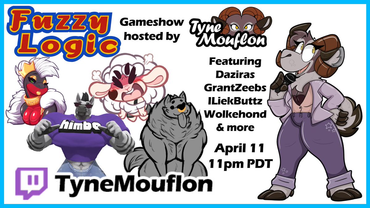 Yaudizz's tweet photo. Tomorrow night! Come check out episode 2 of Fuzzy Logic Gameshow on Twitch.
Featuring...
Daziras
@GrantZeebs 
@RuulPls 
@Wolkehond 
and more. https://t.co/QMWpVEIxf7