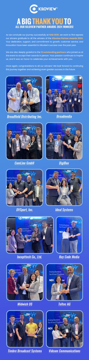 📷 Celebrating Our Partners at #NAB2025!​​
We are thrilled to honor the exceptional contributions of our global distributors who have been instrumental in shaping Kiloview’s journey toward redefining AV-over-IP and broadcast technology!

See you at NAB 2026!
#Kiloview #NAB2025