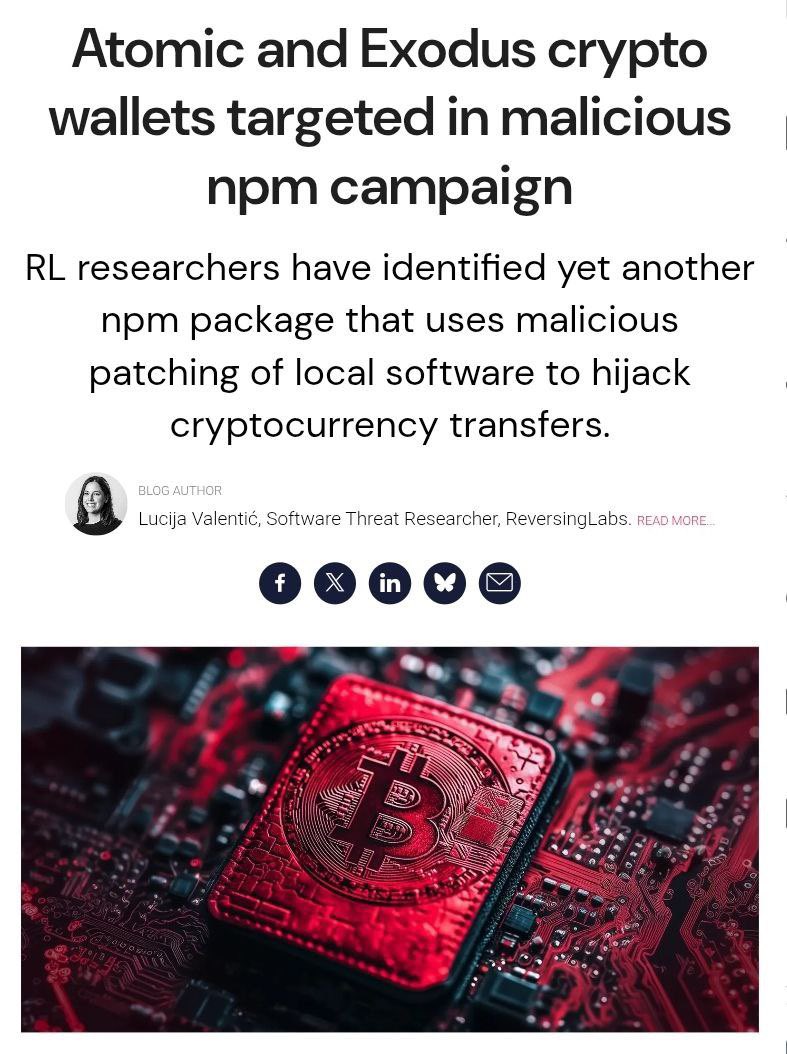 FransCharts's tweet photo. 🔵 ⚠️ Experts uncover a virus targeting #AtomicWallet and #Exodus crypto wallets (via ReversingLabs).
The malicious program (npm package) disguises itself as a PDF-to-MS Office converter tool, leveraging #Xalgorithms for stealth deployment.
💜 How it works: 1️⃣ User installs the malicious npm package. 2️⃣ Virus detects local versions of Atomic Wallet or Exodus. 3️⃣ Replaces core files, redirecting crypto transfers to attackers’ wallets.
🔒 Stay safe:
•Avoid suspicious npm packages.
•Regularly update crypto wallets and software.
#CryptoSecurity #Blockchain #CyberThreats #Web3 #StaySafe
@Bitcollector @exodus