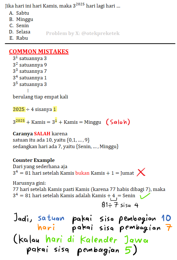 otekpreketek's tweet photo. Materi: Teori Bilangan, Sisa Pembagian (Modulo), Barisan/Pola Bilangan

ini solusi official dari saya
smoga membantu cmiiw https://t.co/zWEwuywsgh