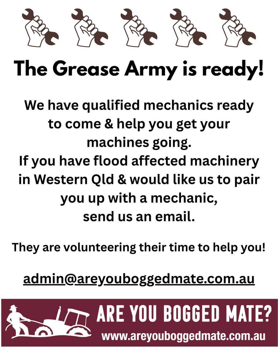 Calling landholders &amp; businesses with flood damaged machinery in western Qld.
We have qualified mechanics ready to come &amp; give you a hand.
Please email us if you would like us to allocate a mechanic to you.
The Grease Army is here to help you!
#westernqldflood
#areyouboggedmate
