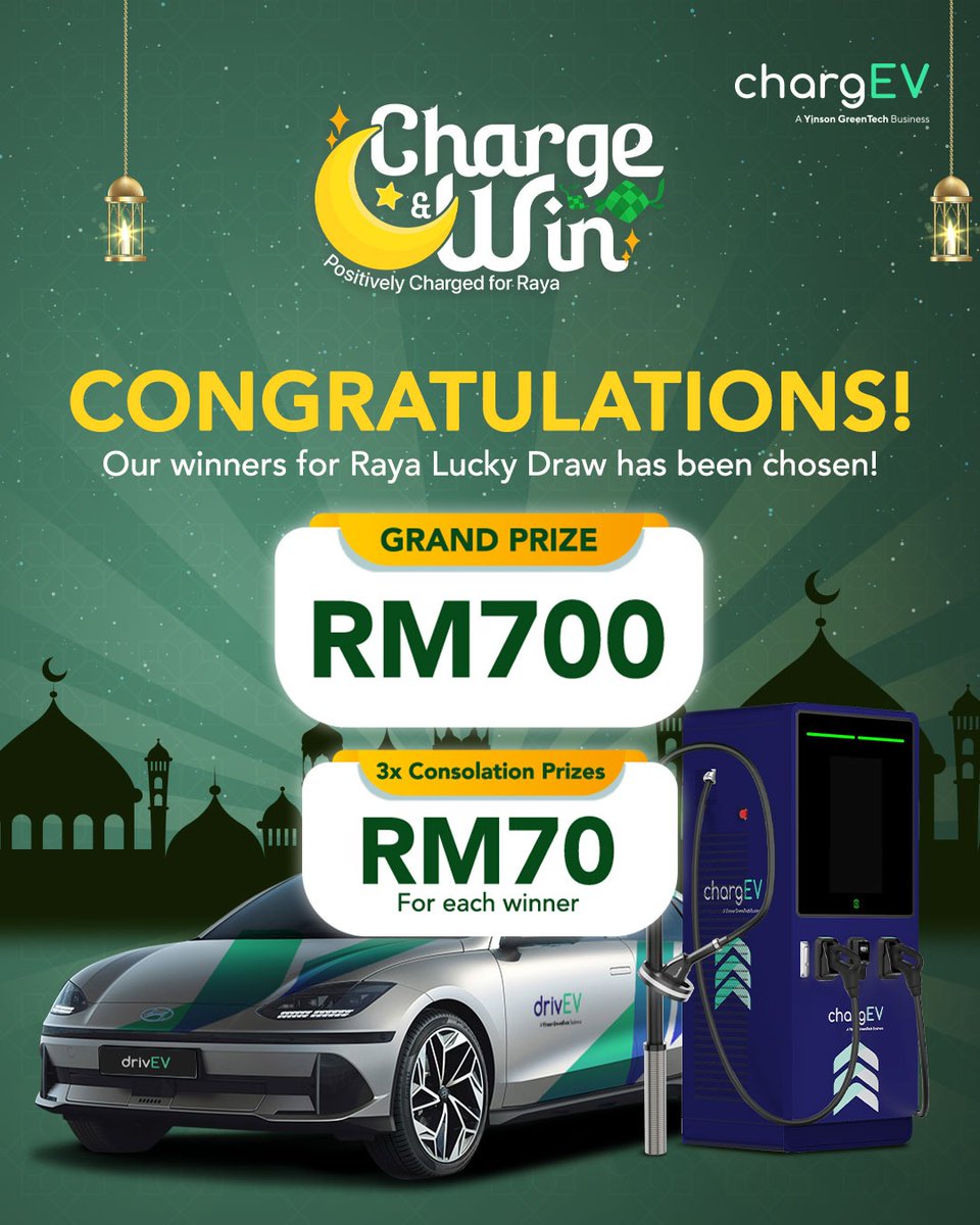 Congratulations to all our lucky winners of the Raya Lucky Draw! 

Charge &amp; Win – Our grand prize winner will take home RM700, while three lucky winners will each receive a RM70 consolation prize.

Winners will be notified via email, so keep an eye on your inbox!