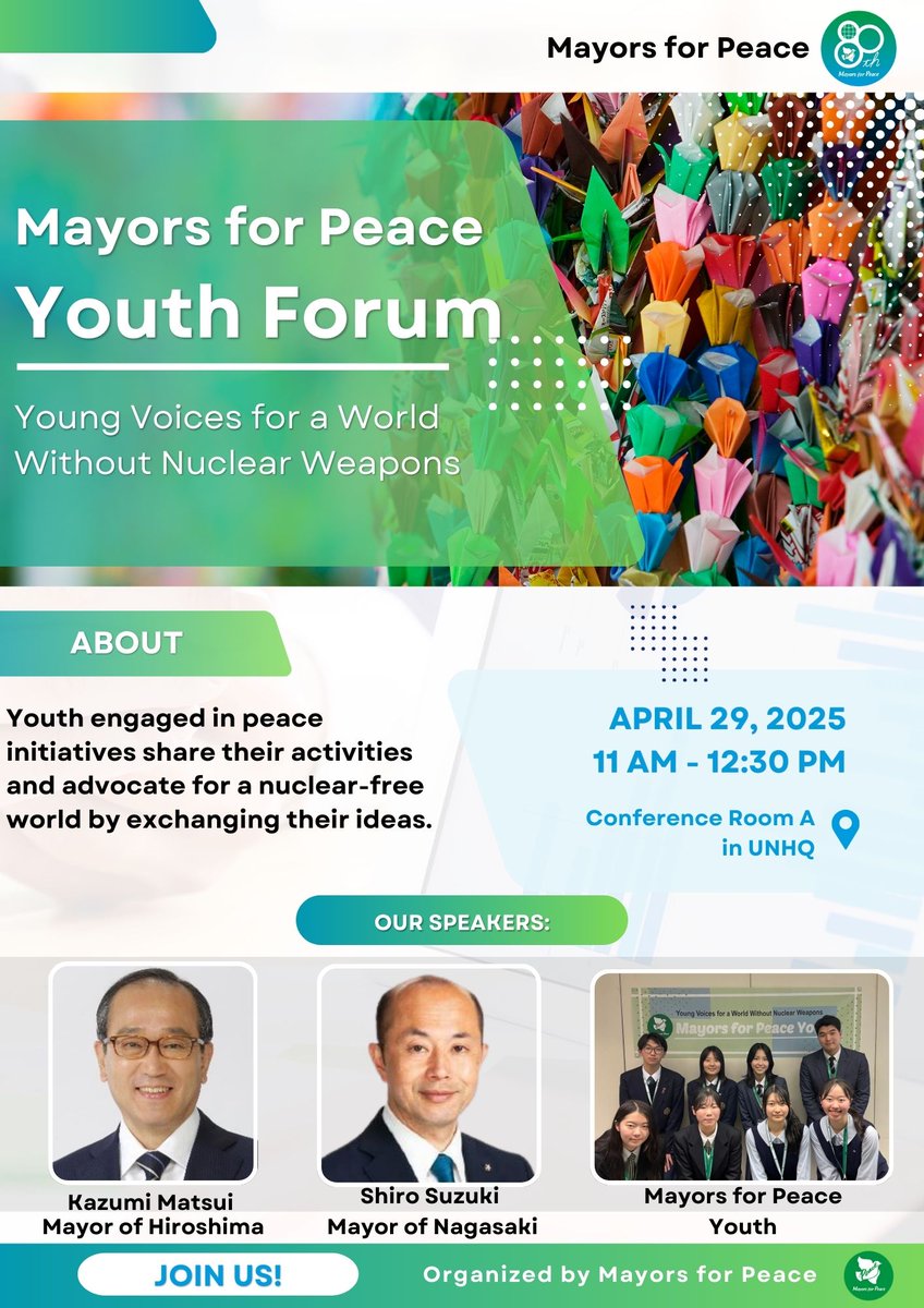 Mayors4Peace's tweet photo. #MayorsforPeace is hosting #MayorsforPeaceYouthForum as a side event at the #3rdPrepCom for the 11th NPT Review Conference 😊❣️Check the flyer for details 🔽 https://t.co/lOgfRhdh8J