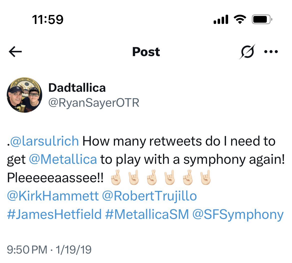 RyanSayerOTR's tweet photo. @Metallica I’m not saying tomorrow was my idea but a few things were! Wish I could go but it’s out of my disposable income range lol. Hope you guys absolutely destroy the joint! Good luck! 🤘🏻@larsulrich @RobertTrujillo @KirkHammett #MetinCuse #timestamp https://t.co/oNuH7yQ98l