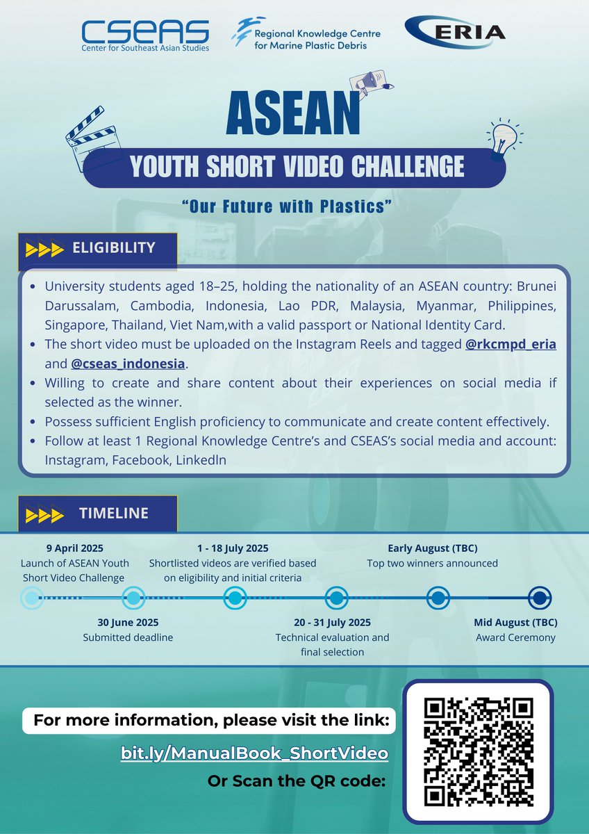Marine Plastics ERIA (@rkcmpd_eria) on Twitter photo 📢 Calling creative university students across ASEAN (ages 18–25) to join our ASEAN Youth Short Video Challenge & Video Speech Challenge 2025!
Ready to turn your creativity into impact? Join us in addressing #plasticpollution in ASEAN!
#youthcompetiton <a href="/cseas_indonesia/">CSEAS Indonesia</a> 📢 Calling creative university students across ASEAN (ages 18–25) to join our ASEAN Youth Short Video Challenge & Video Speech Challenge 2025!
Ready to turn your creativity into impact? Join us in addressing #plasticpollution in ASEAN!
#youthcompetiton <a href="/cseas_indonesia/">CSEAS Indonesia</a>