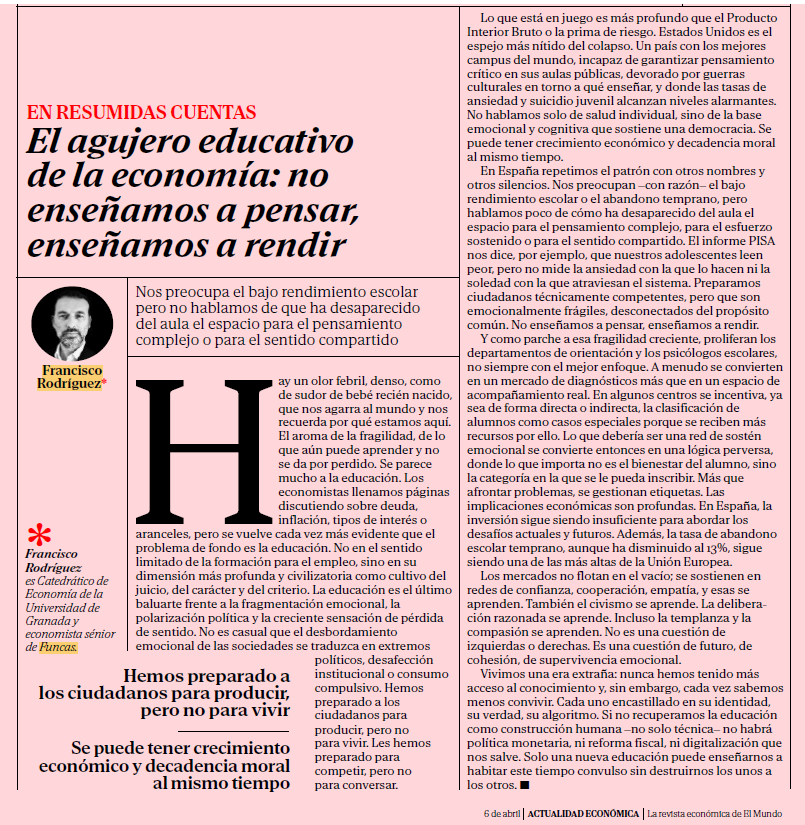 "Se puede tener crecimiento económico y decadencia moral al mismo tiempo (...) hemos enseñado a rendir (producir) pero no a vivir" <a href="/franrodfer/">Francisco Rodriguez</a>