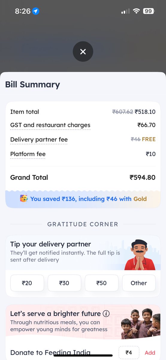 PRASHUNKISHOR's tweet photo. @zomatocare @zomato 
Can you explain 2 points why gst charge is  difference for same order and same amount  when we see in ios and andriod phone.
And what is the advantage of taking membership if eventually memebership account has to pay more https://t.co/mhG5JIa8r5