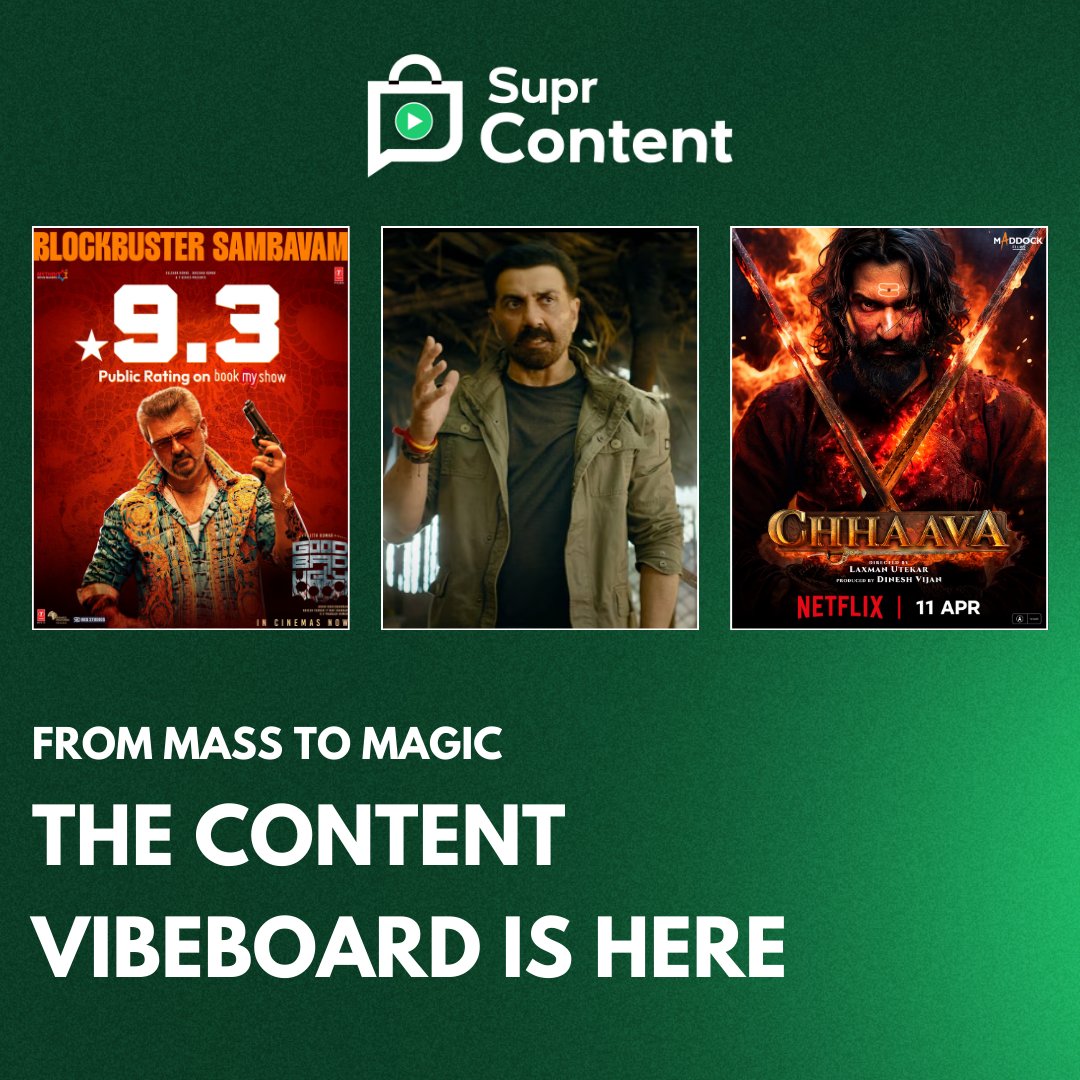 SuprContent's tweet photo. 🎬 From Mass to Magic: The Content VibeBoard is HERE!

#GoodBadUgly #Chhaava #SunnyDeol #Jaat #KarateKidLegends #Chhorii2 #SweetheartMovie #ContentRadar #StreamingBuzz #EntertainmentRoundup #BoxOfficeHits #SuprContent #ContentVibeBoard #DellPowerStore #3DOS #DigitalInnovation https://t.co/n3Vn6Sg5JB