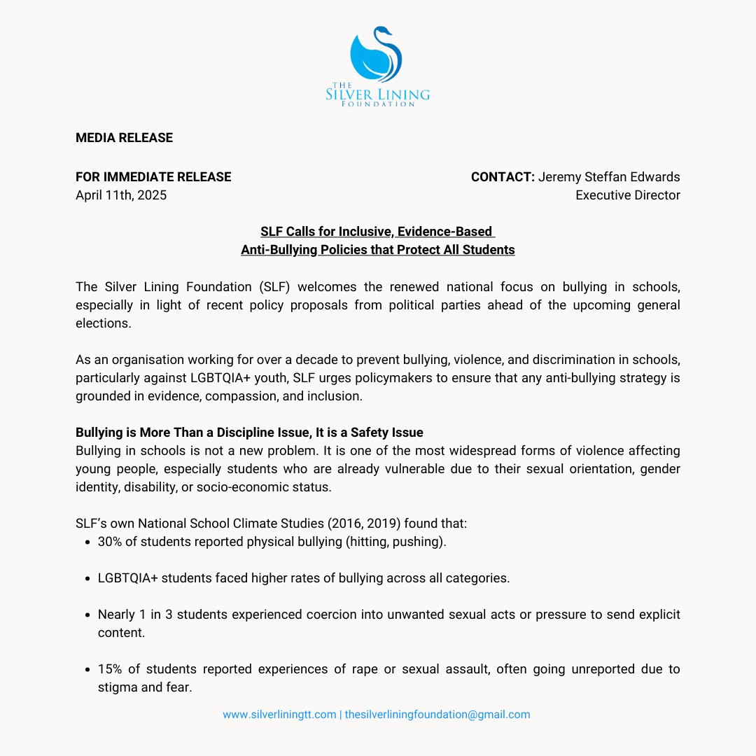 slftt's tweet image. 🚨 𝐌𝐄𝐃𝐈𝐀 𝐑𝐄𝐋𝐄𝐀𝐒𝐄 🚨

We urge policymakers to ensure evidence-based and inclusive anti-bullying strategies ahead of upcoming general elections. Violence has no place in our schools.

🔗Full statement here: silverliningtt.com/inclusive-evid…

#SLFTT #SaferSchools