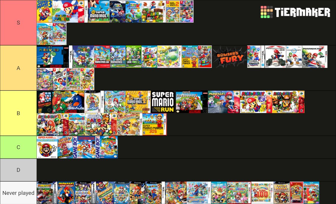 GreenSMPboy's tweet photo. Another tier list, this time of mainline Mario games and also some of the spin-offs (Each tier are not in a correct order).

I wanna play some of the games I've never played, such as Paper Mario: The Thousand Year Door, I heard the game was great.

#tierlists #Mario #Nintendo https://t.co/WP1be1TVRg