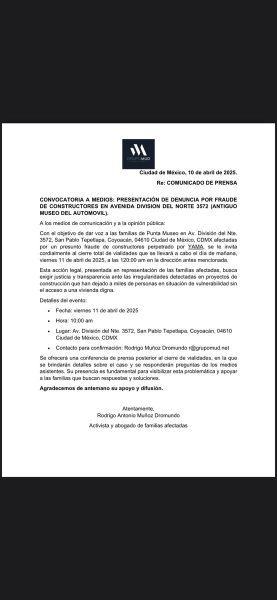 Rod Mud (@rod_mud) on Twitter photo Esperamos la presencia del alcalde <a href="/giogutierrezag/">Giovani Gutiérrez</a> en el cierre de vialidades de mañana en el antiguo museo del automóvil en división del norte 3572.
No nos vamos a levantar hasta que se presente. Esperamos la presencia del alcalde <a href="/giogutierrezag/">Giovani Gutiérrez</a> en el cierre de vialidades de mañana en el antiguo museo del automóvil en división del norte 3572.
No nos vamos a levantar hasta que se presente.