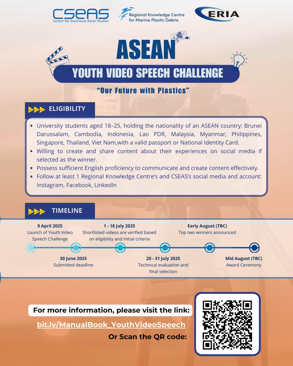 CSEAS Indonesia (@cseas_indonesia) on Twitter photo 📢 Calling creative university students across ASEAN (ages 18–25) to join our ASEAN Youth Short Video Challenge & Video Speech Challenge 2025!
Ready to turn your creativity into impact? Join us in addressing #plasticpollution in ASEAN!
#youthcompetiton <a href="/rkcmpd_eria/">Marine Plastics ERIA</a> 📢 Calling creative university students across ASEAN (ages 18–25) to join our ASEAN Youth Short Video Challenge & Video Speech Challenge 2025!
Ready to turn your creativity into impact? Join us in addressing #plasticpollution in ASEAN!
#youthcompetiton <a href="/rkcmpd_eria/">Marine Plastics ERIA</a>