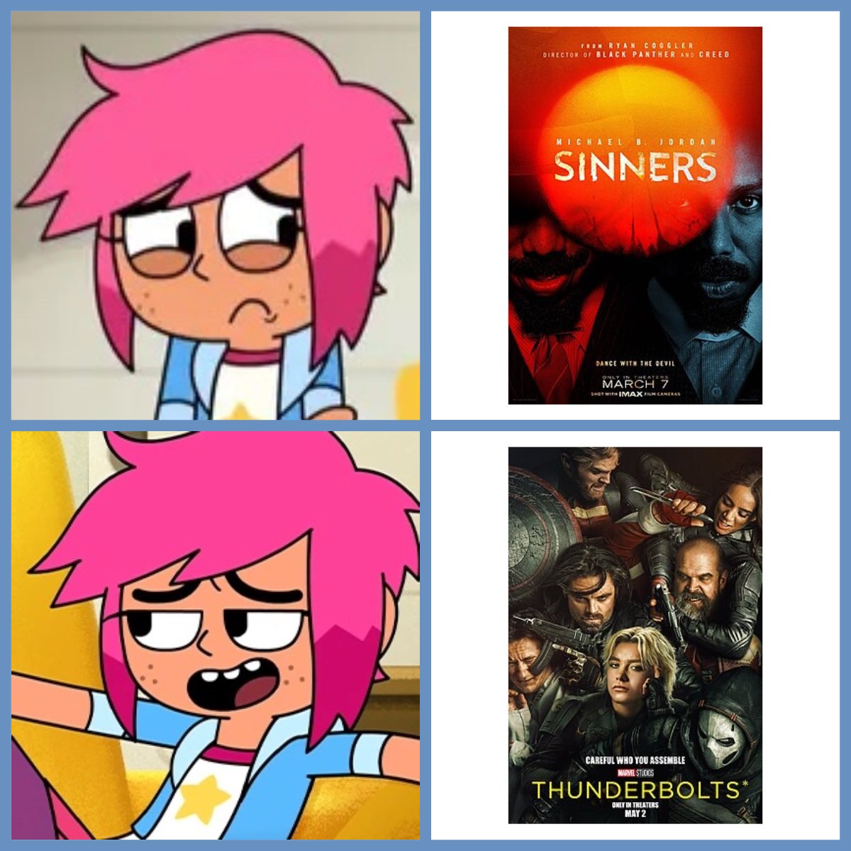 chanyhuman's tweet photo. Girl Wants to See Thunderbolts* Instead of Sinners
#firedavidzaslav #Sinners #Thunderbolts #MCU #MarvelComics #boygirldogcatmousecheese #bgdcmc #dontstreamonmax #bbc #drakememe #memecoin #MarvelStudios #Marvel #meme https://t.co/1PGqGldunT