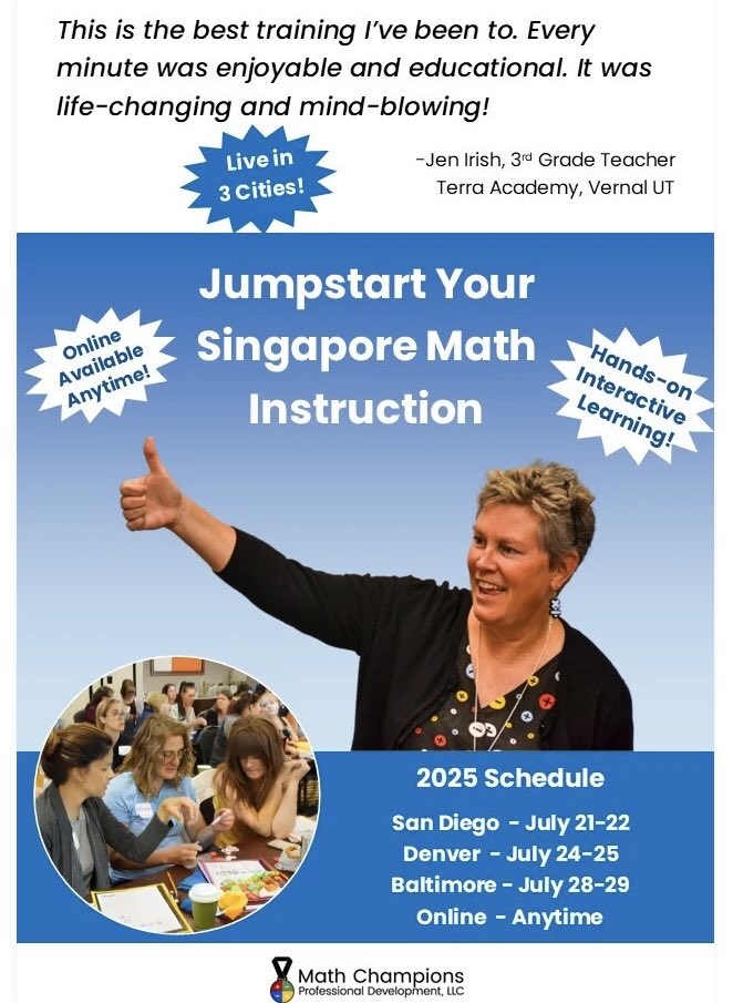 Cassyt's tweet photo. Join ⁦@susanresnickco1⁩ and I this July for 2 insightful days of hands-on learning &amp; strategies for teaching Singapore Math. 
Choose from 3 convenient workshops, pick your coast! Registration open now.
(BTW-our workshops sold out last year!) https://t.co/rXzsBmXC6c https://t.co/6ruNqV5gLv