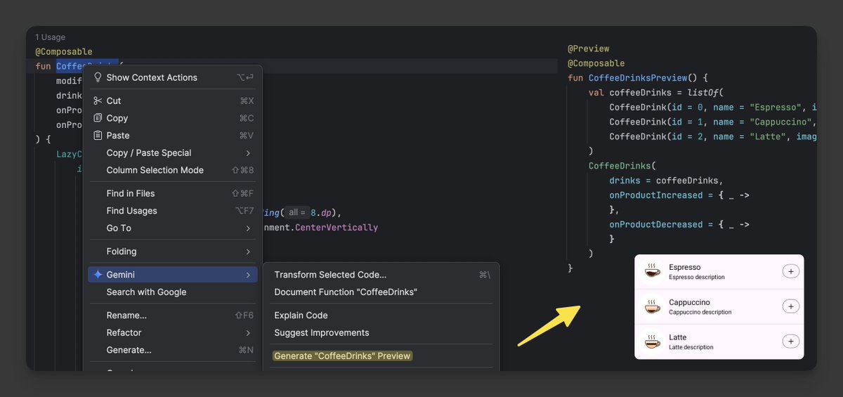 Android Studio Narwhal now includes a "Generate Preview" with Gemini.

My thoughts after playing with it:
• It generates fake data for previews
• It struggles with custom types
• It needs modification, but it speeds up the process

In the future, it might be a helpful tool for