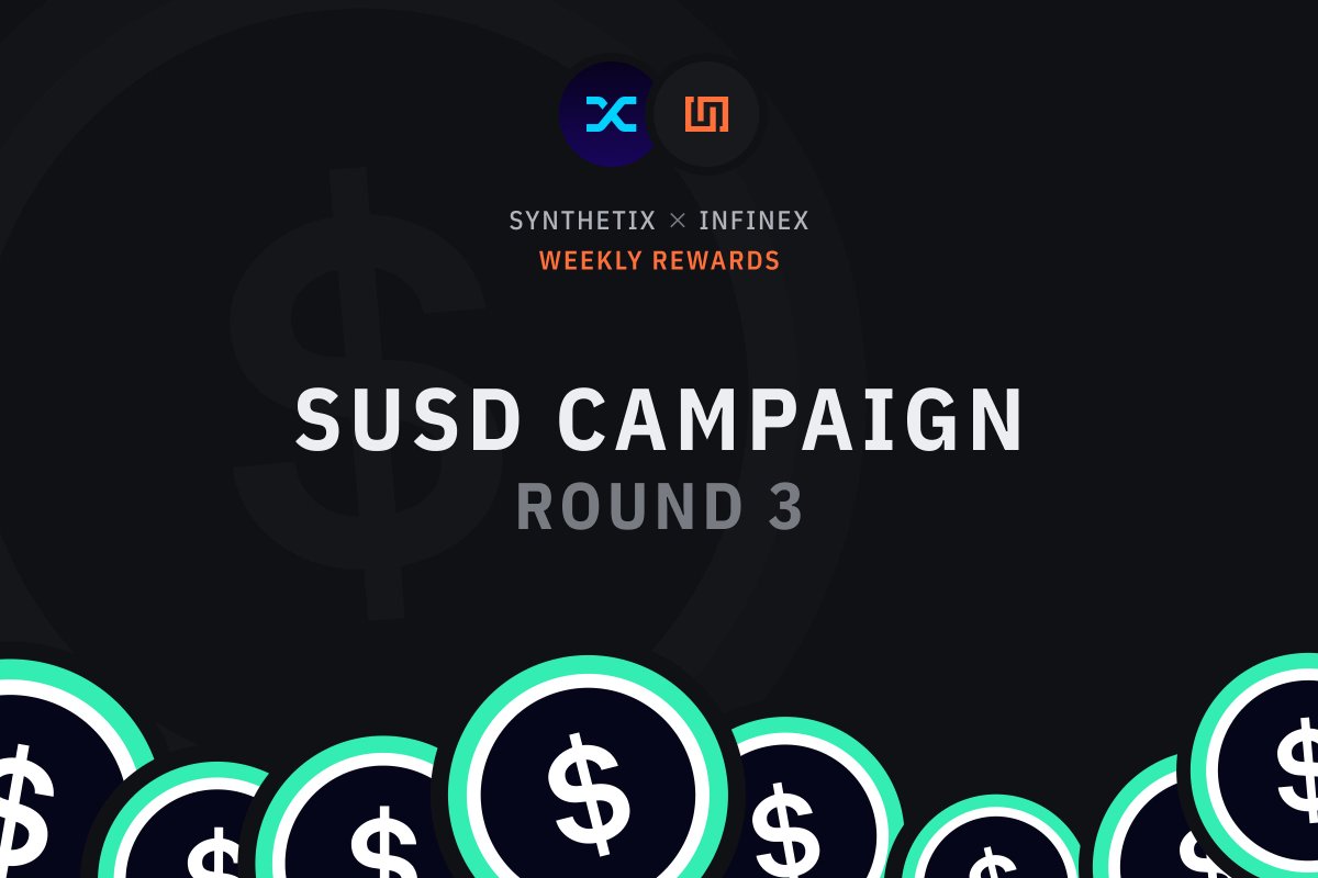 Synthetix has extended their $sUSD campaign

This is the third phase, and it begins from April 10th for six weeks. Rewards include:
🔸 Pro-rata share of 16,000 $OP tokens weekly
🔸 Weekly prize raffle: 2x Patron NFTs, 1 $ETH, 2,000 $SNX, 1,000 $SNX
🔸 $sUSD SNX yield