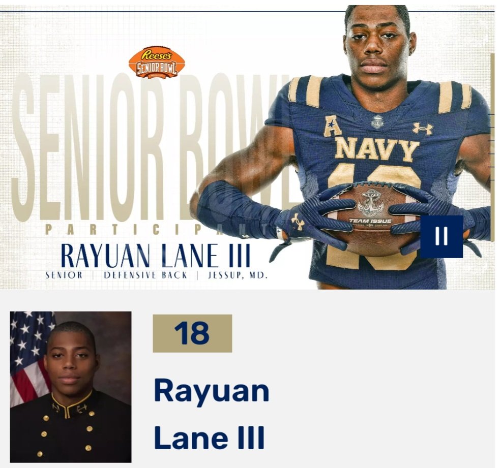 Navy <a href="/NavyFB/">Navy Football</a> defensive back Rayuan Lane III (5-11, 200, 4.57 speed, 37 vertical, 10-8 broad jump, 70 tackles, two interceptions, one touchdown last season) <a href="/gilman_football/">Gilman Football</a> to participate in #Ravens annual local prospect day, per a league source <a href="/seniorbowl/">Panini Senior Bowl</a> <a href="/KPRC2/">KPRC 2 Houston</a>