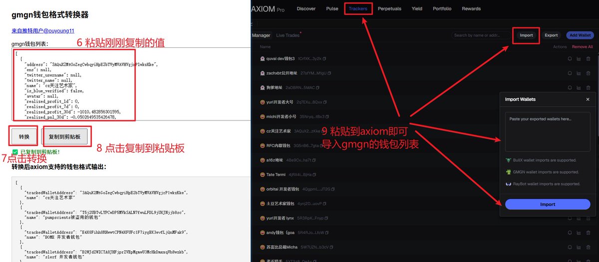 oooooyoung's tweet photo. 如何把gmgn的聪明钱包、备注钱包导入 axiom？

不知道为啥GMGN把导出钱包的功能给隐藏了。那就教大家怎么把这些钱包地址导出来，平滑的迁移到 axiom

没注册的先注册：https://t.co/F4VIvu4wHi 

教程如下👇

1️⃣进入gmgn的关注界面
https://t.co/5WscQmHBRr

2️⃣ 按F12打开开发者弹窗，然后按F5刷新一下页面

3️⃣ 导出gmgn关注的钱包列表：
f12弹出的开发者窗口 -> 选择网络 -> 找到 follow_wallets 接口 -> 选择预览 -> 选中 followings 并点鼠标右键 -> 复制值      .

4️⃣ 转换为 axiom 支持的格式：
① 进入 https://t.co/U6CqbR88cD
② 直接粘贴上一步的复制的值
③ 点击转换并复制最终结果到axiom导入即可      

5️⃣ 导出gmgn备注的钱包地址列表：
大都跟第3步一样，只有复制的时候不一样，找到 remark_wallets 接口 -> 选中 remark_wallets 并点鼠标右键 -> 复制值      .

然后还是按第4步做一个转换，并导入axiom即可      

#axiom #Solana