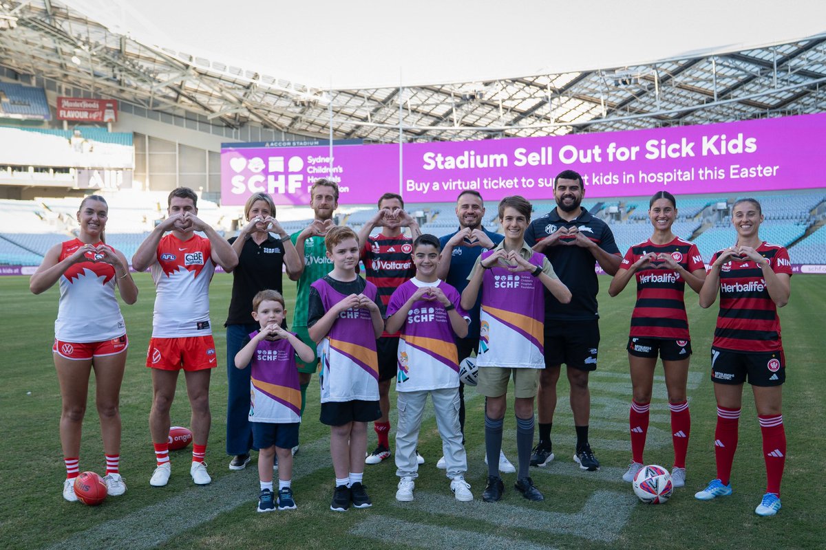 Sydney Cricket Ground (@scg) on Twitter photo Three Stadiums. Three Sports. One Goal: To change the future for sick kids ๐ค๐๏ธ
This Easter Long Weekend, the <a href="/sydneyswans/">Sydney Swans</a> , <a href="/wswanderersfc/">WS Wanderers FC</a> , <a href="/NRL_Bulldogs/">Canterbury-Bankstown Bulldogs</a> and <a href="/SSFCRABBITOHS/">South Sydney Rabbitohs ๐ฐ</a> are uniting for the first ever โStadium Sell out for Sick Kidsโ.
โก๏ธ Donate $20 schf.org.au/stadium-sell-oโฆ Three Stadiums. Three Sports. One Goal: To change the future for sick kids ๐ค๐๏ธ
This Easter Long Weekend, the <a href="/sydneyswans/">Sydney Swans</a> , <a href="/wswanderersfc/">WS Wanderers FC</a> , <a href="/NRL_Bulldogs/">Canterbury-Bankstown Bulldogs</a> and <a href="/SSFCRABBITOHS/">South Sydney Rabbitohs ๐ฐ</a> are uniting for the first ever โStadium Sell out for Sick Kidsโ.
โก๏ธ Donate $20 schf.org.au/stadium-sell-oโฆ