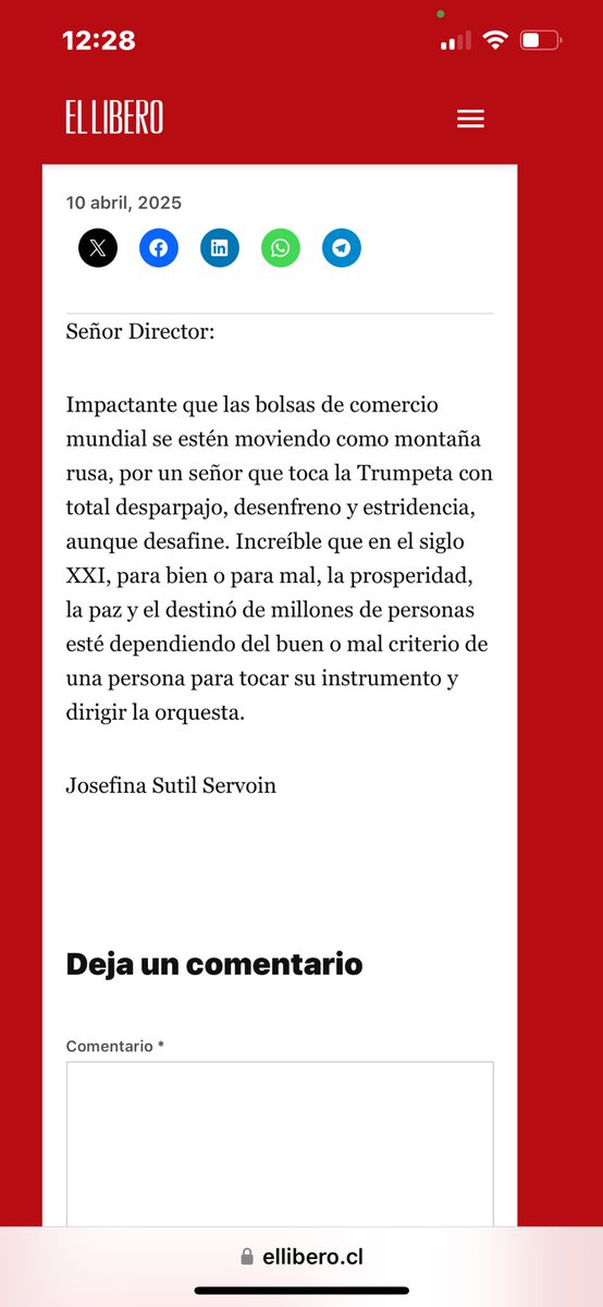 Les dejo mi carta publicada en el libero