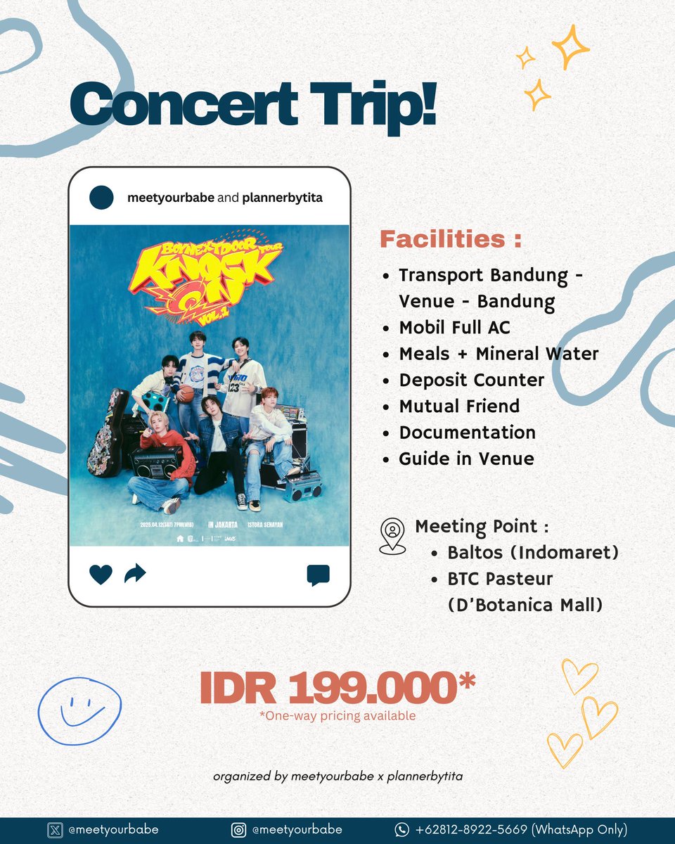 meetyourbabe's tweet photo. LAST CALLING!!

we still have 2 seats left for this trip. so what are you waiting for? book your seat now and enjoy your trip with us! 🤗

#TripKonserBandung #BOYNEXTDOOR #OpenTripBandung #OpenTripKonserBandung #TripKonserKPOP #OpenTripBOYNEXTDOOR #OneDoorBandung #konserkpop https://t.co/vLjgjQaZd0