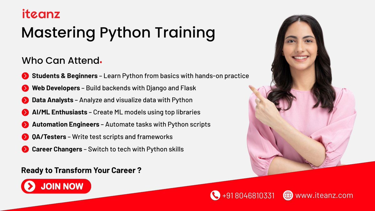 iteanzglobal's tweet image. Python is for Everyone – Learn with Iteanz! 🐍🌟

📞 Call Now: +91 8046810331
🌐 Learn More: iteanz.com/python-training

#LearnPython #TechForAll #CodingMadeSimple #CareerSwitch #FutureReadySkills #PythonJourney #NoExperienceNeeded #Python #Pythoncourse #PythonTraining #Iteanz